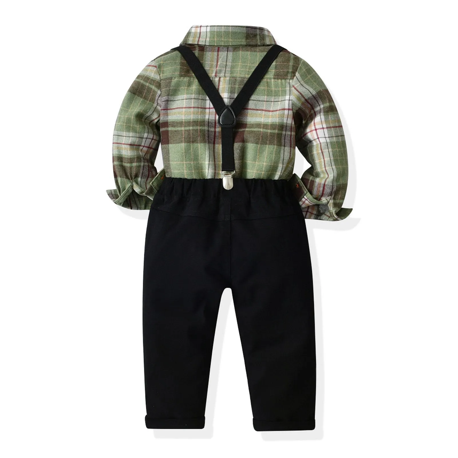 Baby Boys Clothes Set 4 pcs Plaid Shirts Bowtie Suspender Pant Sets Suit