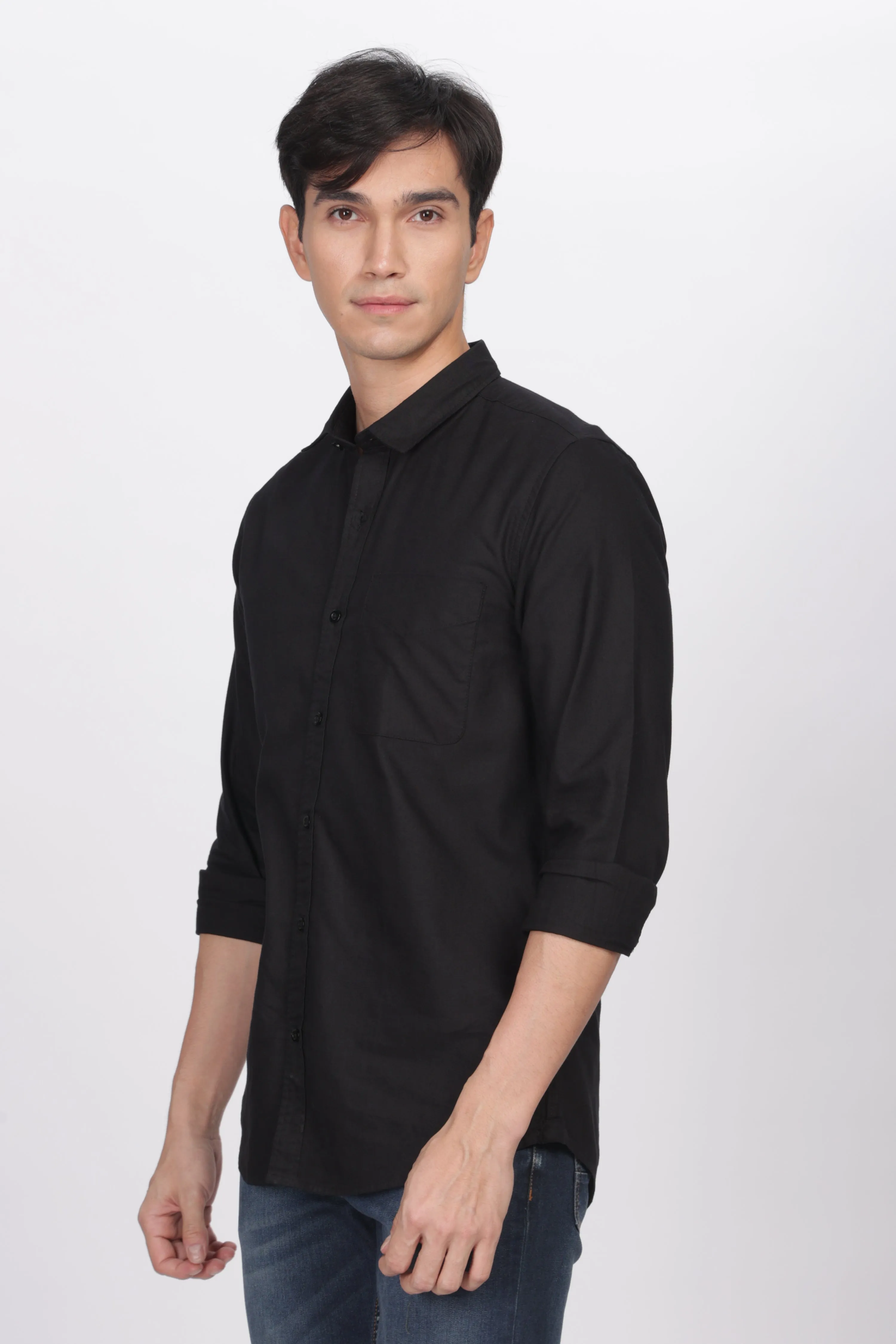 Black Regular Fit Plain Full Sleeve Shirt