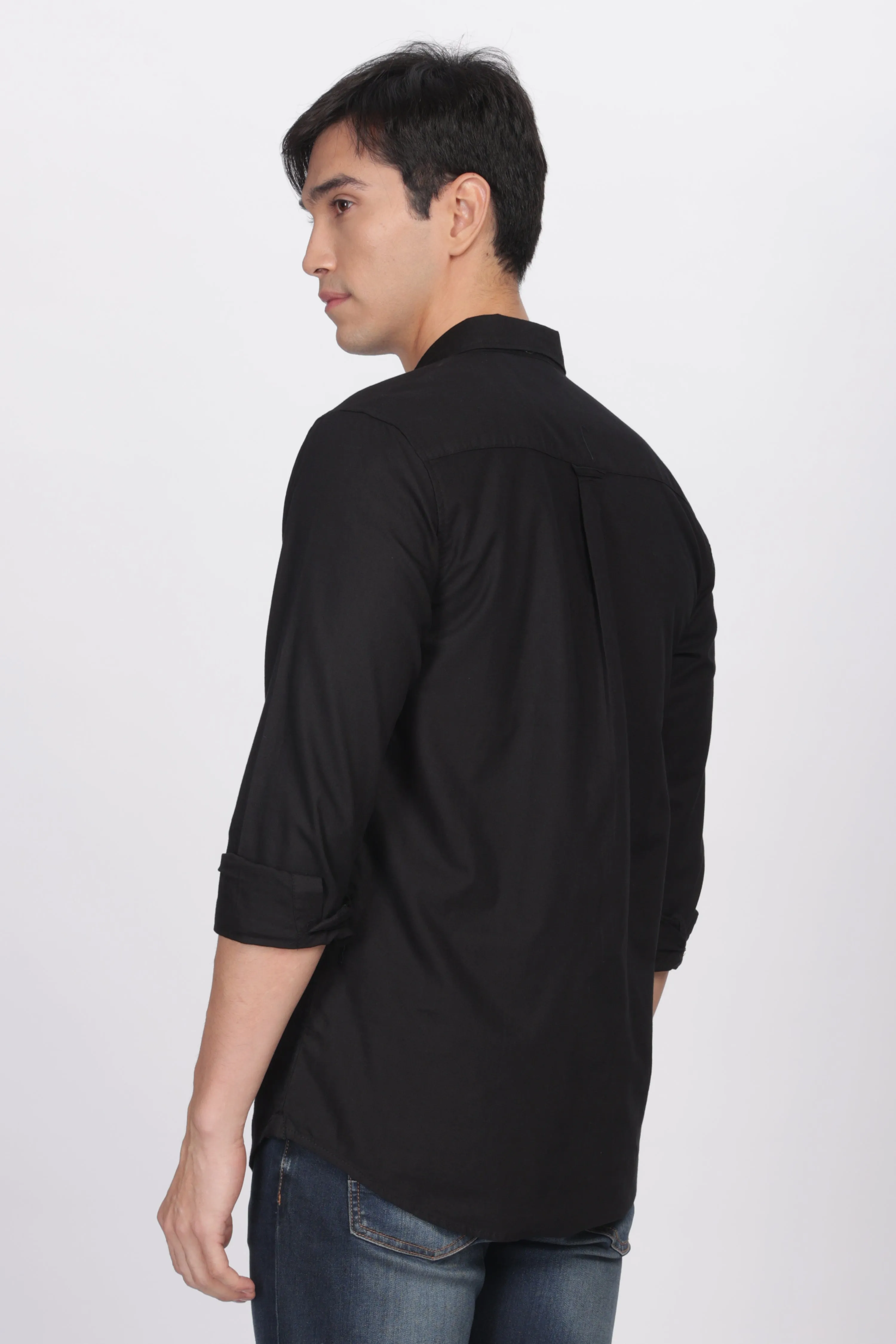 Black Regular Fit Plain Full Sleeve Shirt