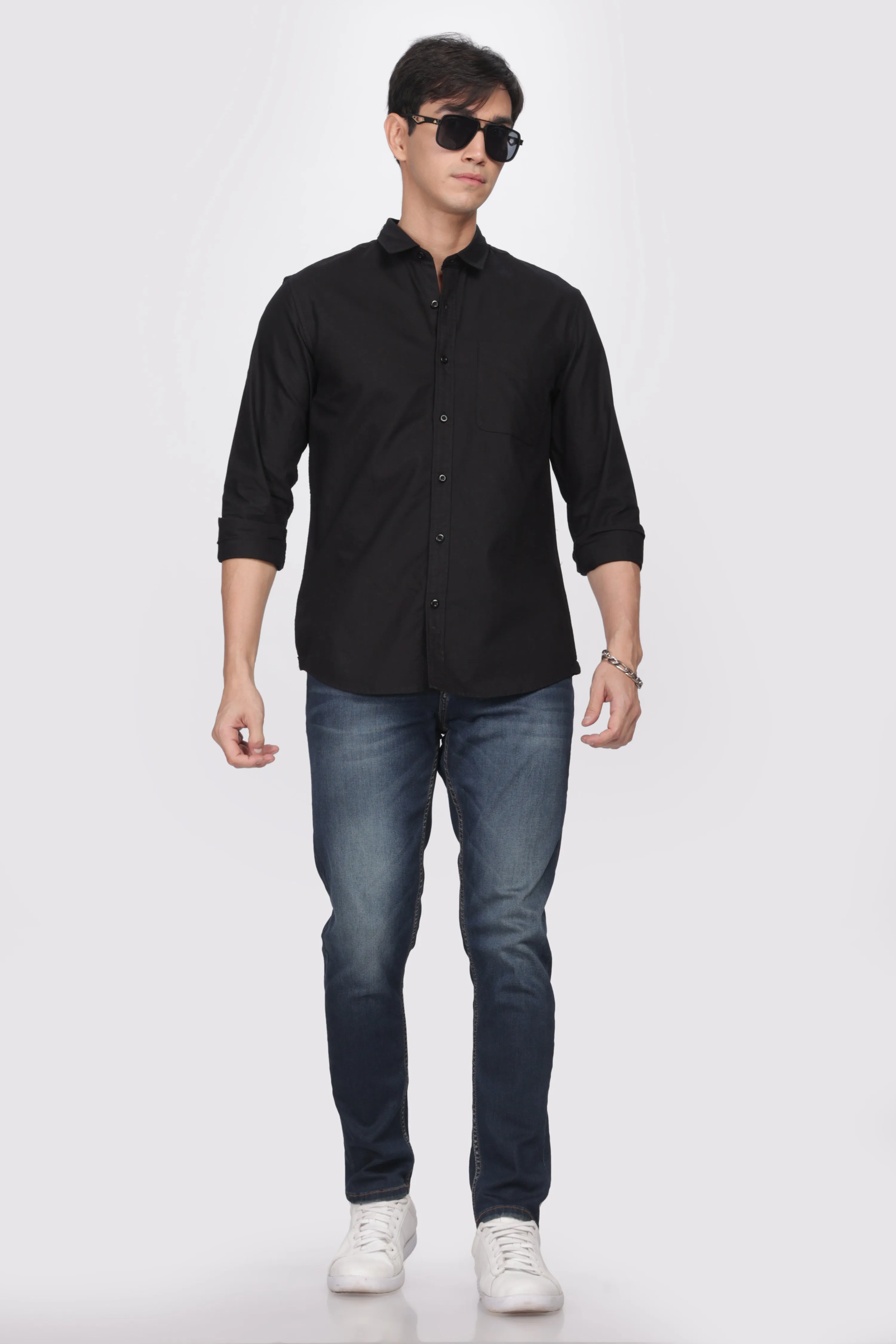 Black Regular Fit Plain Full Sleeve Shirt