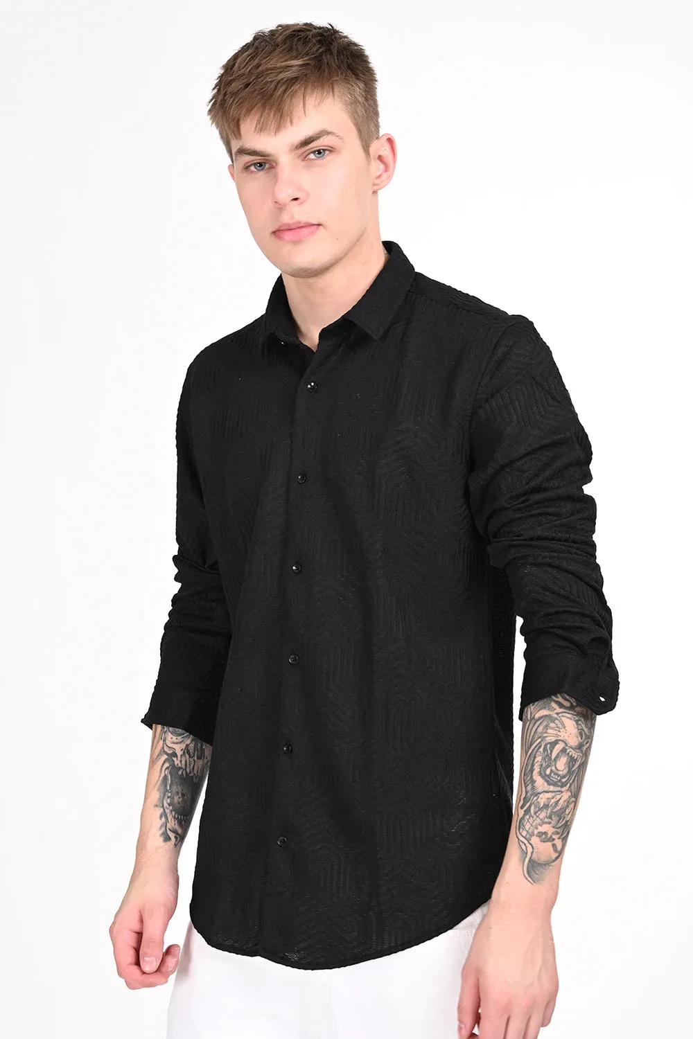 Black Textured Regular Fit Shirt