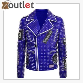 Blue Color Leather Studded Jacket For Mens