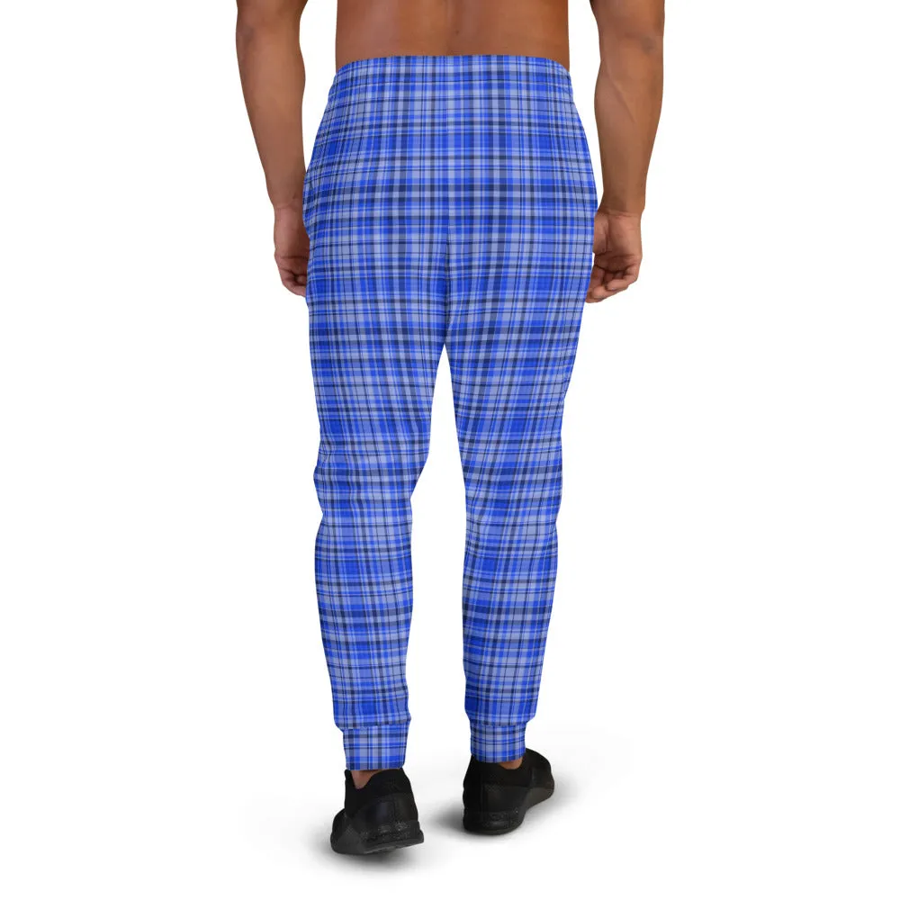 Blue Plaid Men's Joggers, Tartan Print Premium Casual Comfy Sweatpants - Made in EU