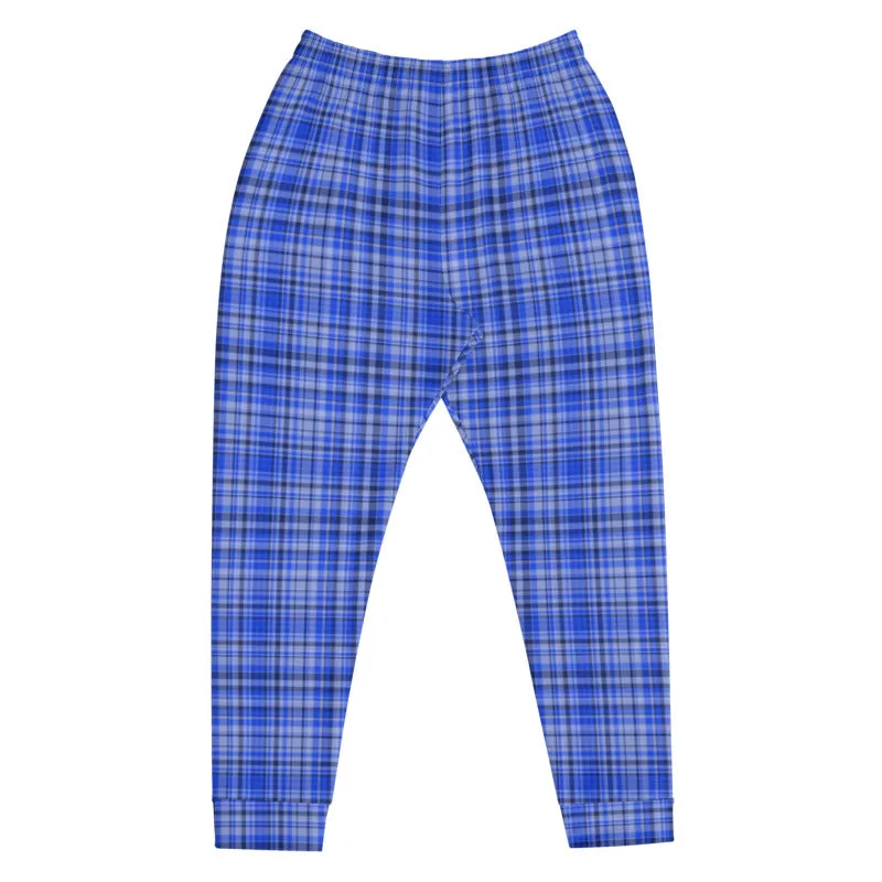 Blue Plaid Men's Joggers, Tartan Print Premium Casual Comfy Sweatpants - Made in EU