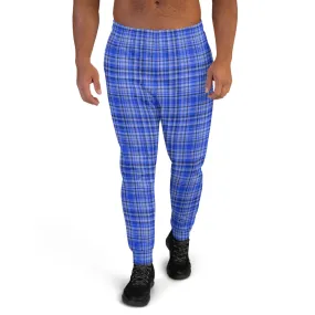 Blue Plaid Men's Joggers, Tartan Print Premium Casual Comfy Sweatpants - Made in EU