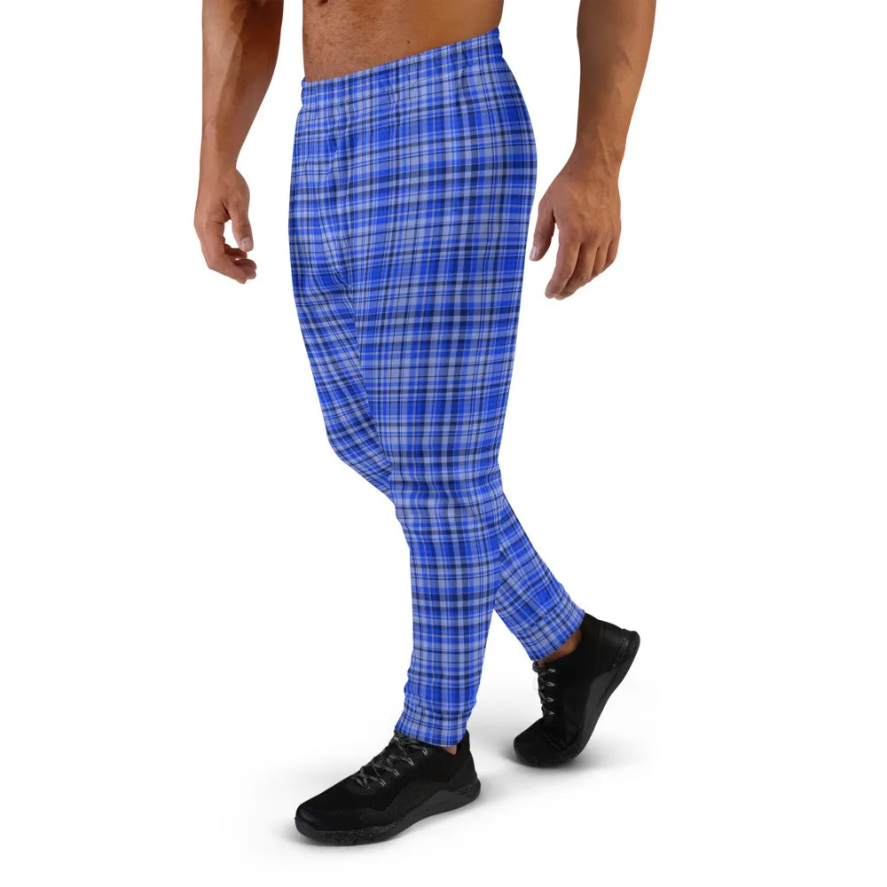 Blue Plaid Men's Joggers, Tartan Print Premium Casual Comfy Sweatpants - Made in EU