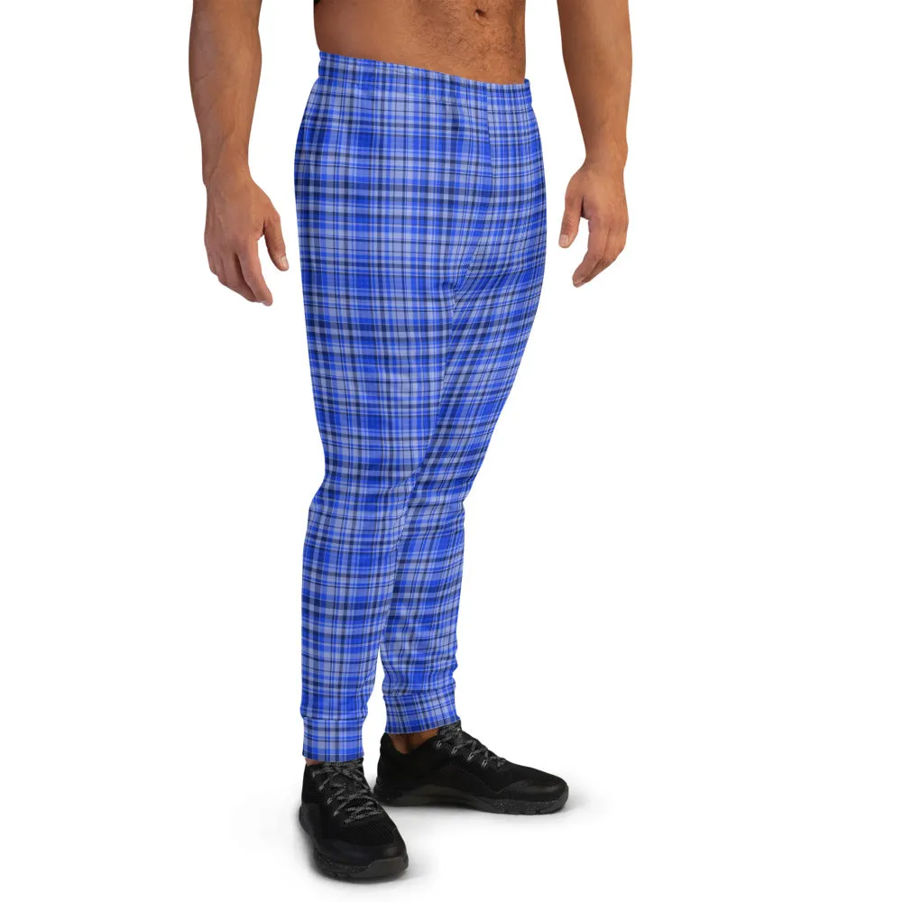 Blue Plaid Men's Joggers, Tartan Print Premium Casual Comfy Sweatpants - Made in EU