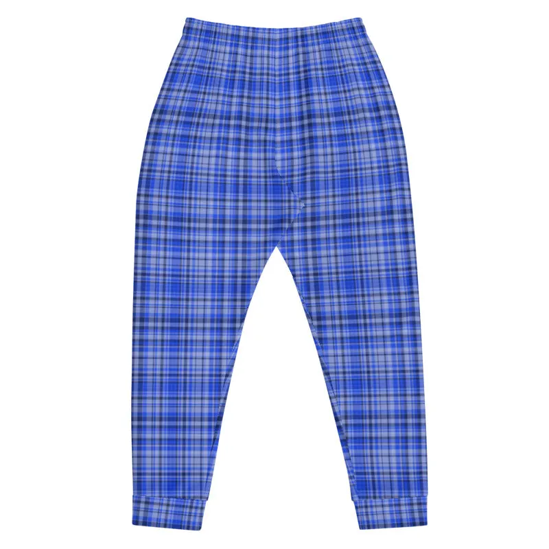 Blue Plaid Men's Joggers, Tartan Print Premium Casual Comfy Sweatpants - Made in EU