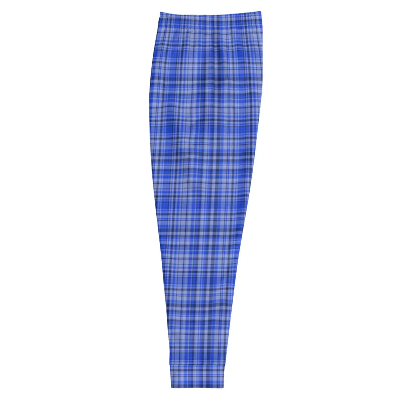 Blue Plaid Men's Joggers, Tartan Print Premium Casual Comfy Sweatpants - Made in EU