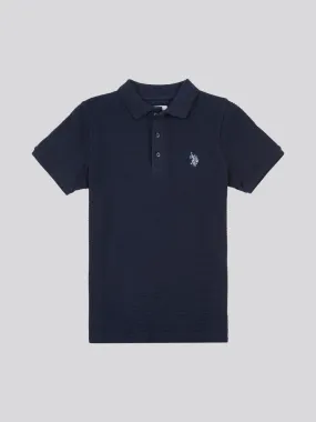 Boys Interest Textured Polo Shirt in Dark Sapphire Navy / Moonlight Blue DHM