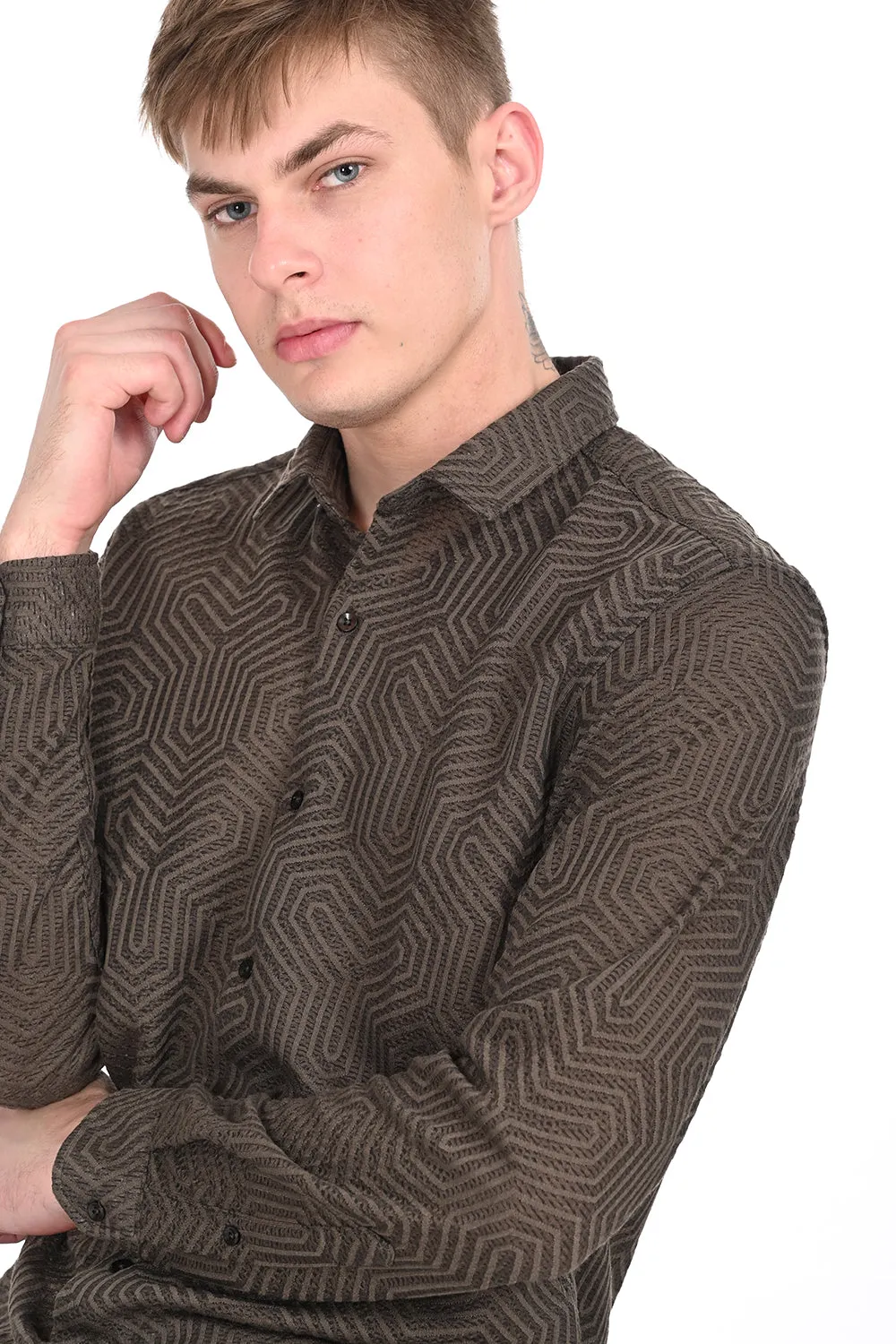 Brown Textured Regular Fit Shirt