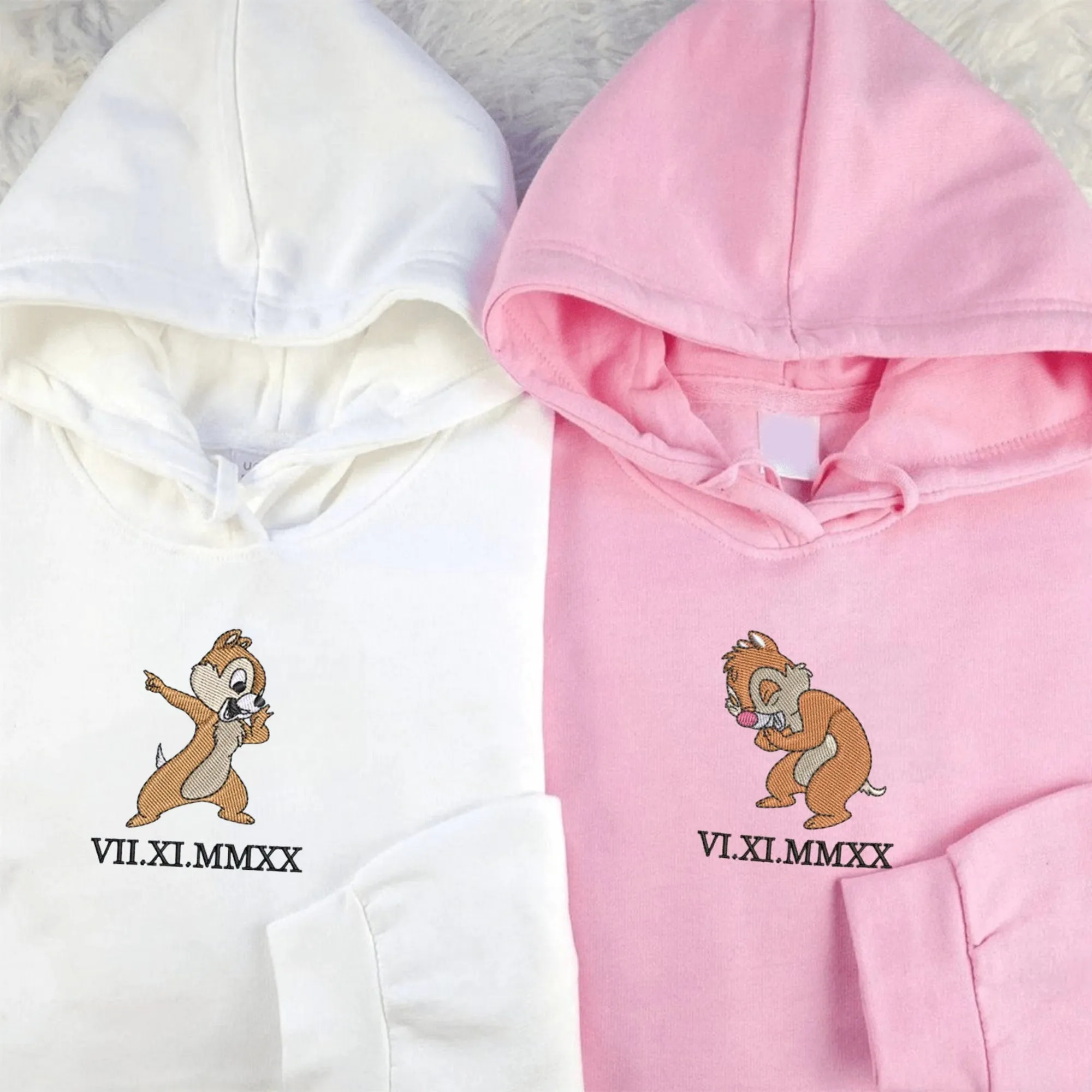 Chip x Dale Custom Embroidered Couple Hoodies - Personalized Anniversary Matching Sweaters For Couple