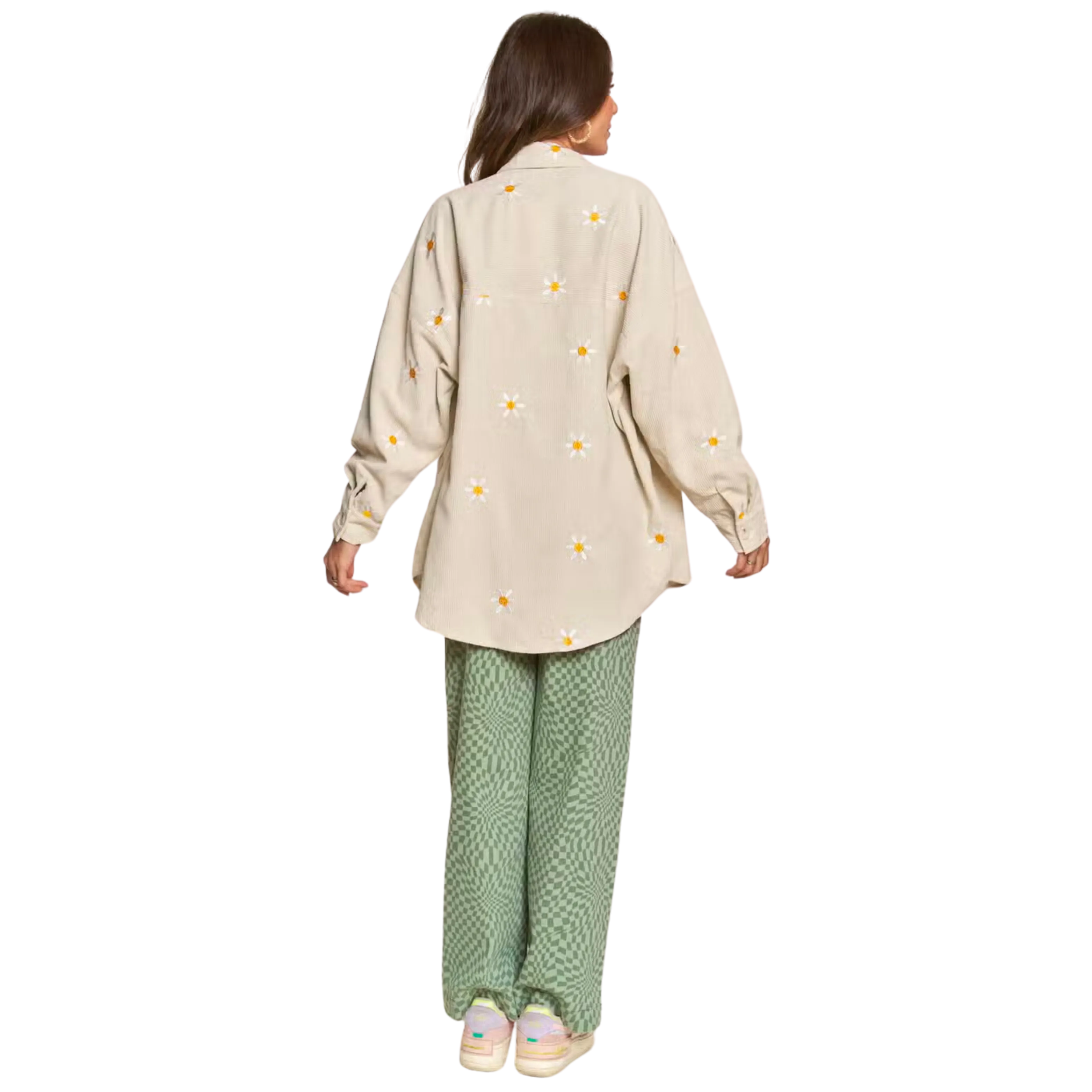 Corduroy Floral Embroidered Shaket- Almond