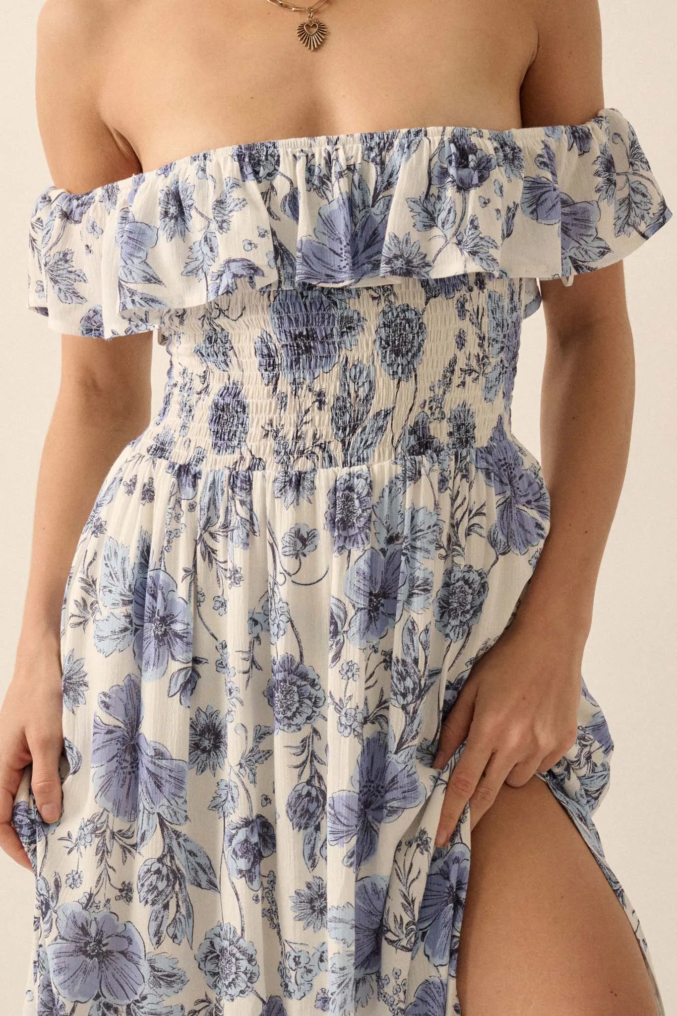 Cornflower Sky Floral Off-Shoulder Maxi Dress