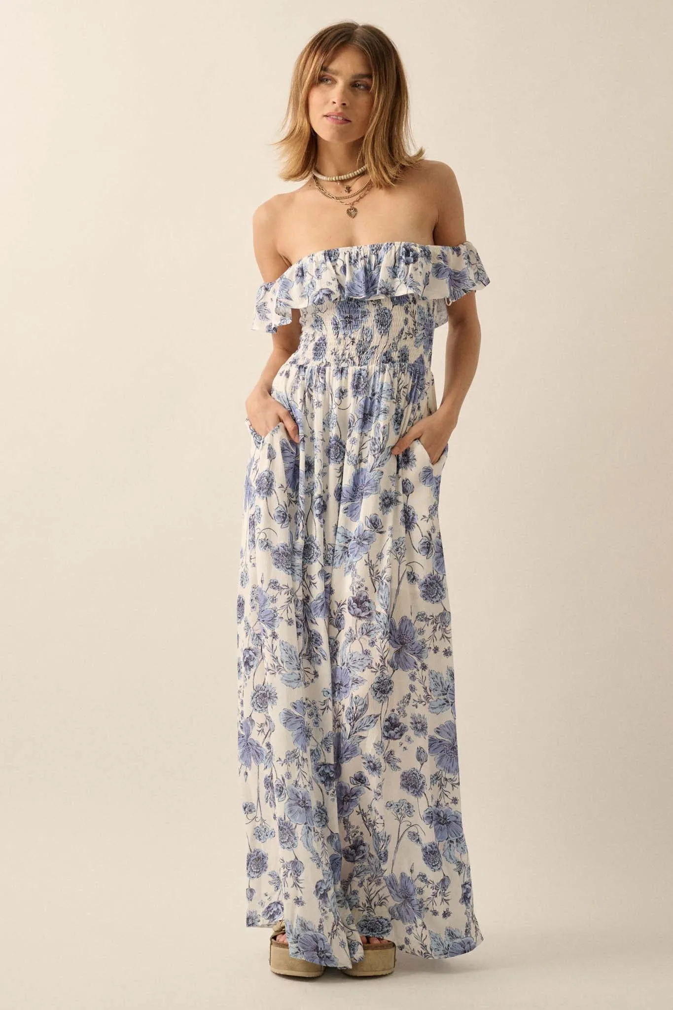 Cornflower Sky Floral Off-Shoulder Maxi Dress