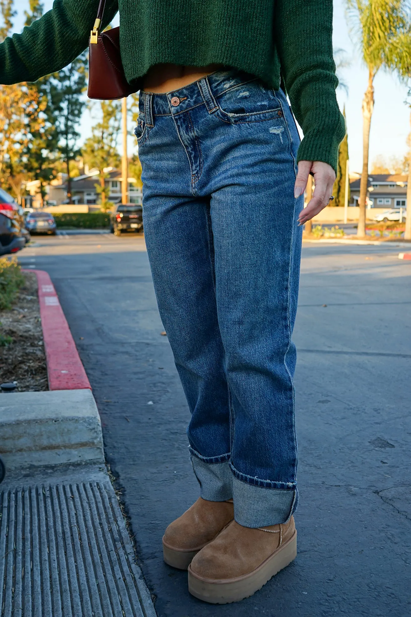 Cuffed Straight Ankle Jeans - Carbon Blue