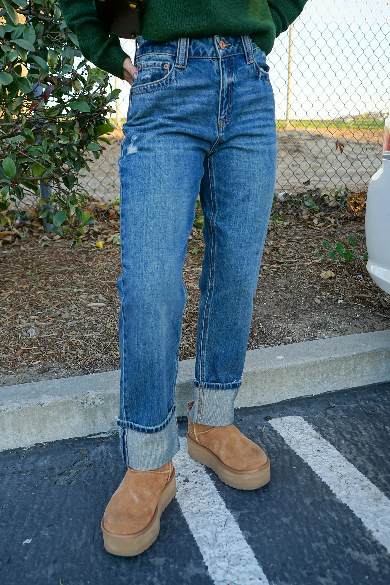 Cuffed Straight Ankle Jeans - Carbon Blue