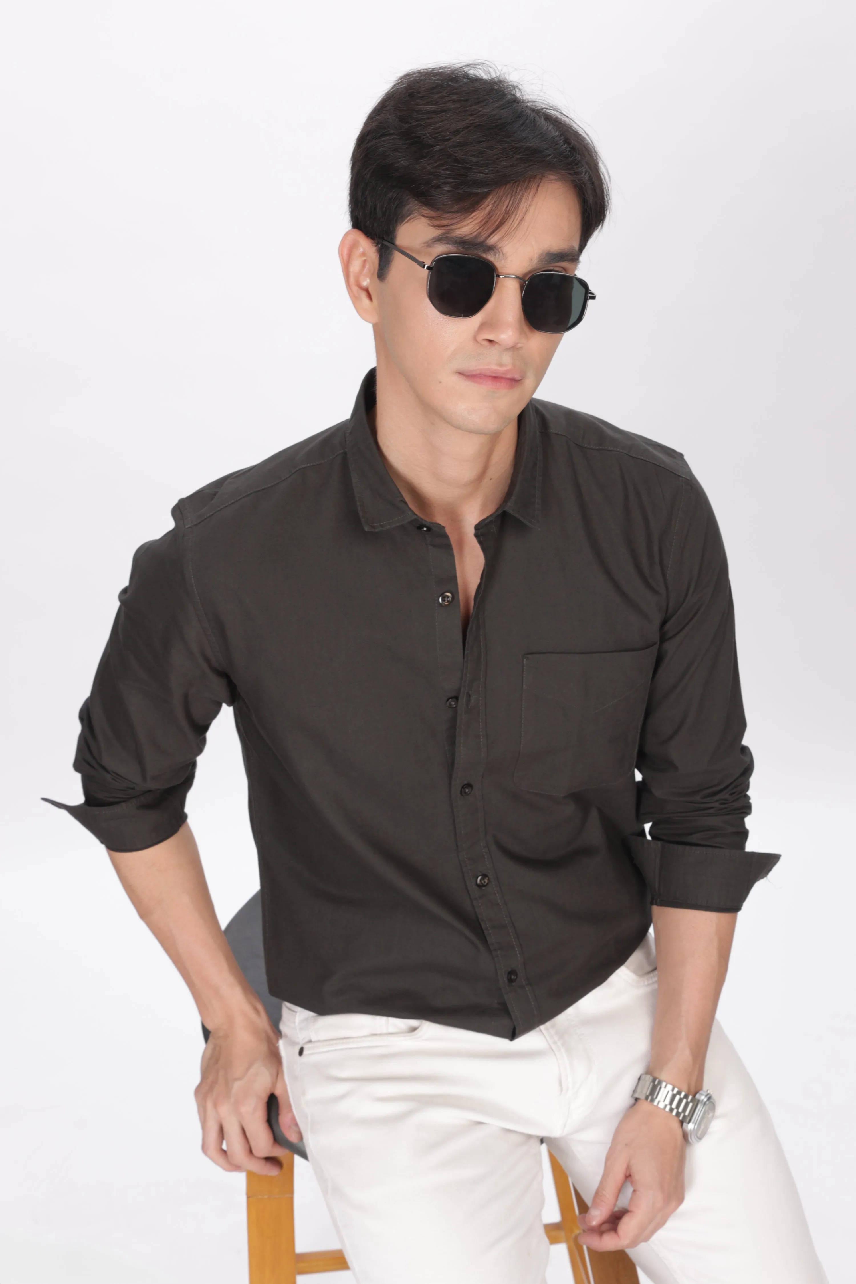 Dark Green Regular Fit Plain Full Sleeve Shirt