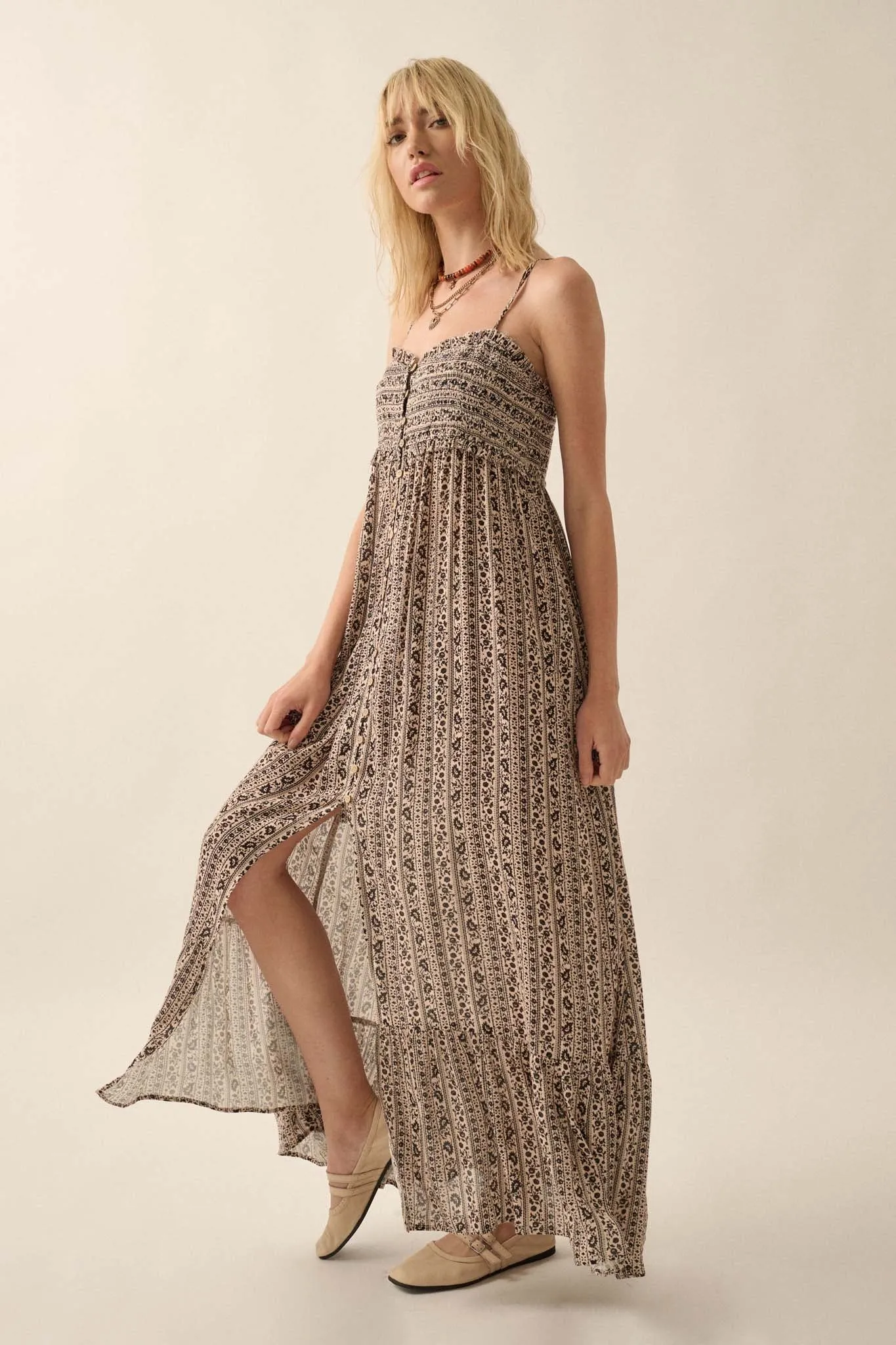 Far and Wide Floral-Stripe Button-Front Maxi Dress