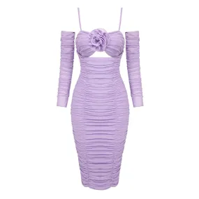 Feminine Spaghetti Strap Cutout Ruched Mesh Bodycon Rosette Midi Dress