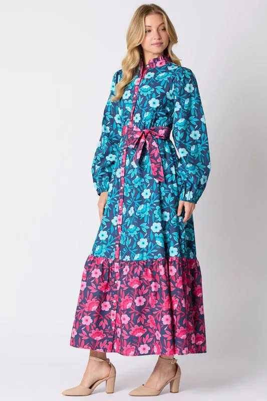 Floral Printed Mixed Tie Waist Maxi Dress