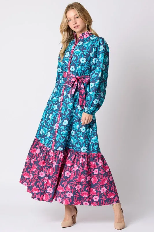 Floral Printed Mixed Tie Waist Maxi Dress