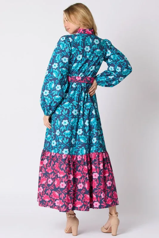 Floral Printed Mixed Tie Waist Maxi Dress