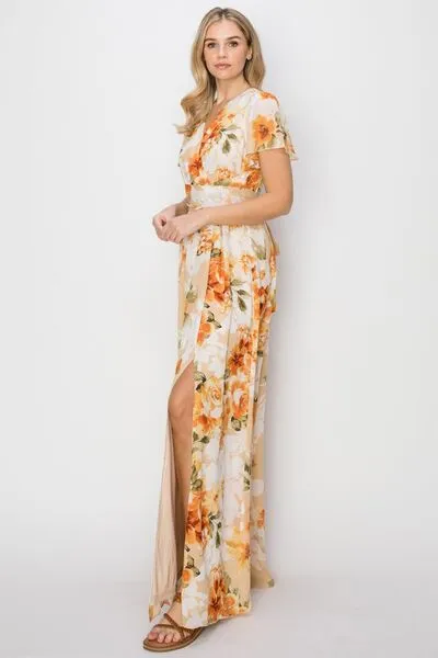 Floral Tie Back Short Sleeve Slit Maxi Dress