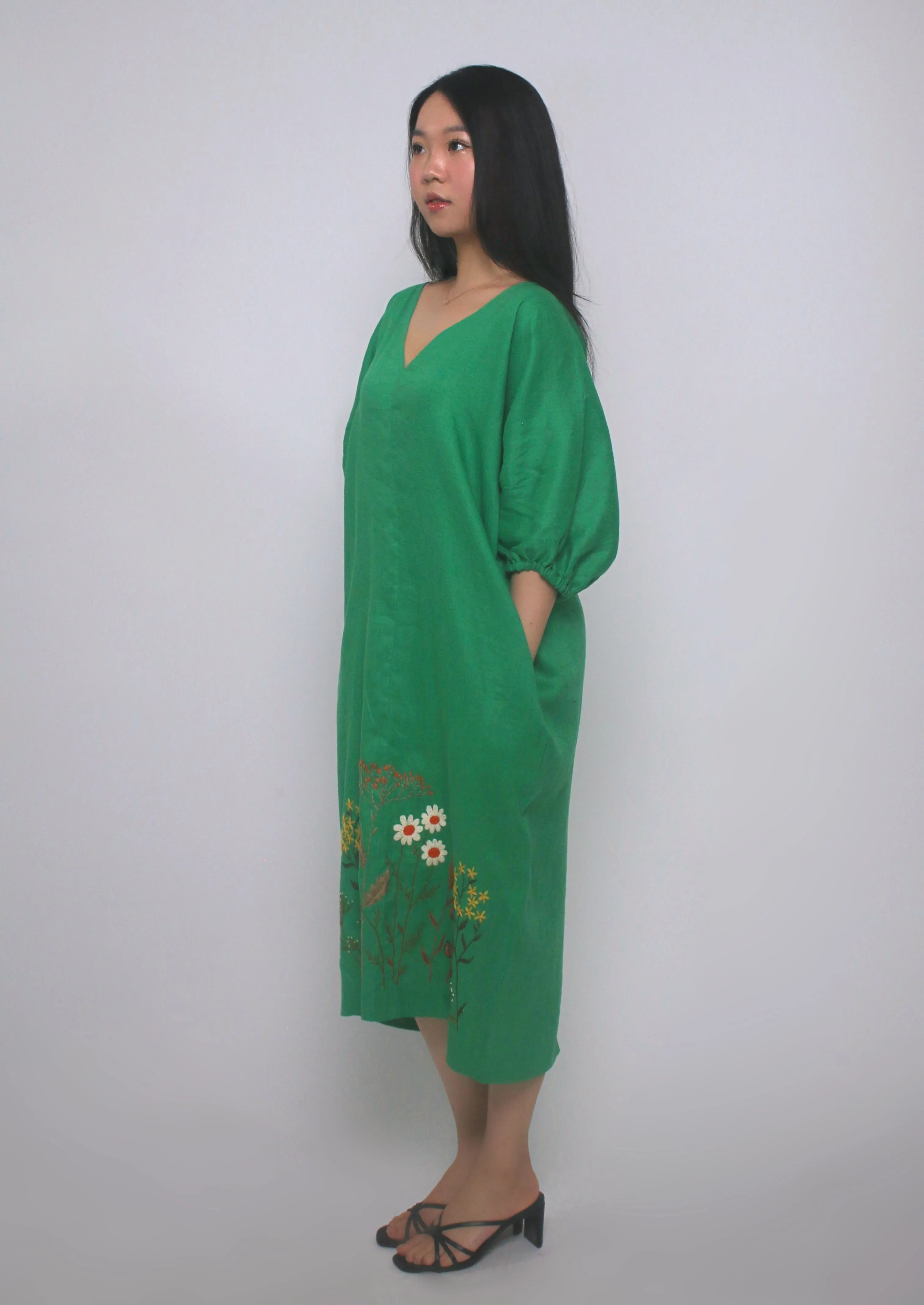 Gardena 100% Linen Maxi Dress with Embroidery