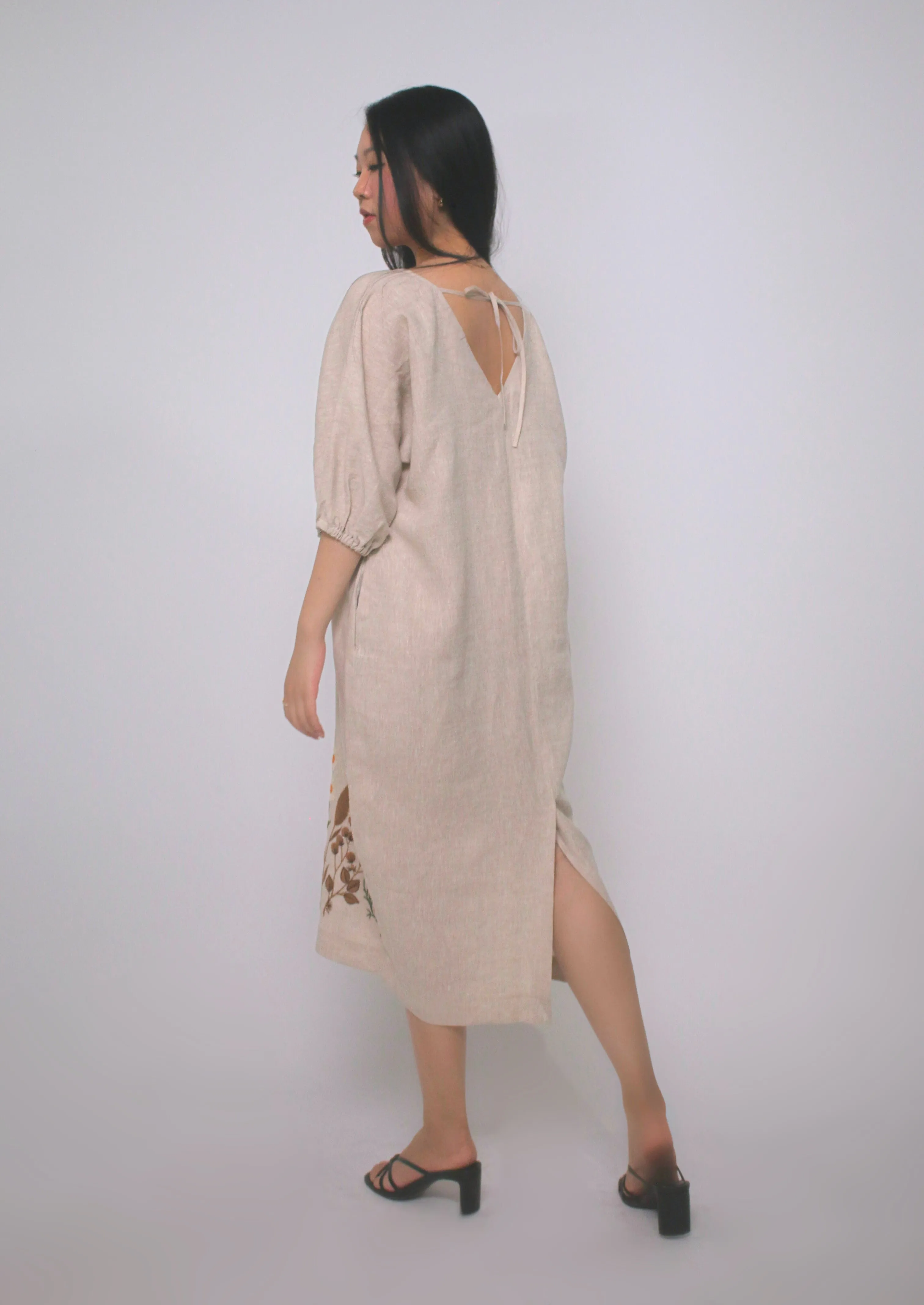 Gardena 100% Linen Maxi Dress with Embroidery