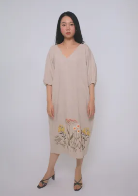 Gardena 100% Linen Maxi Dress with Embroidery