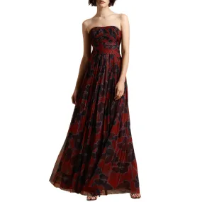 Halston Strapless Floral Printed Pleated Gown Maxi Dress