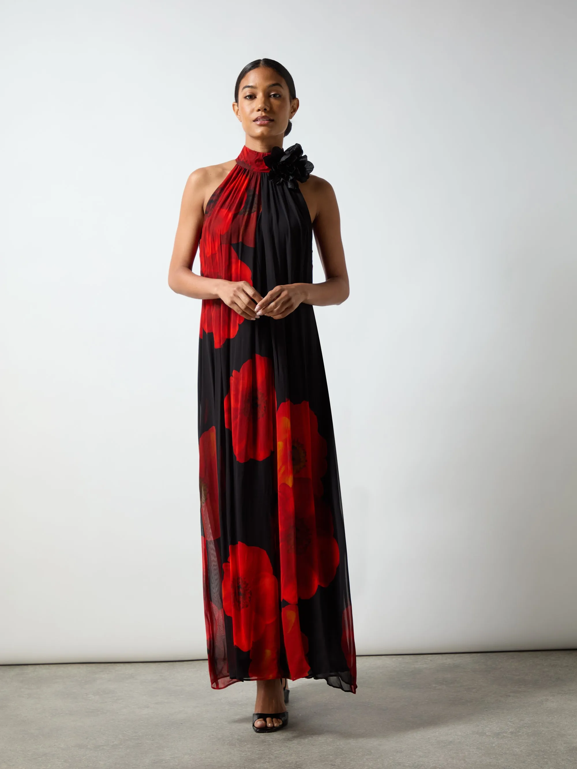 Isabella Red Floral Print Corsage Trim Maxi Dress