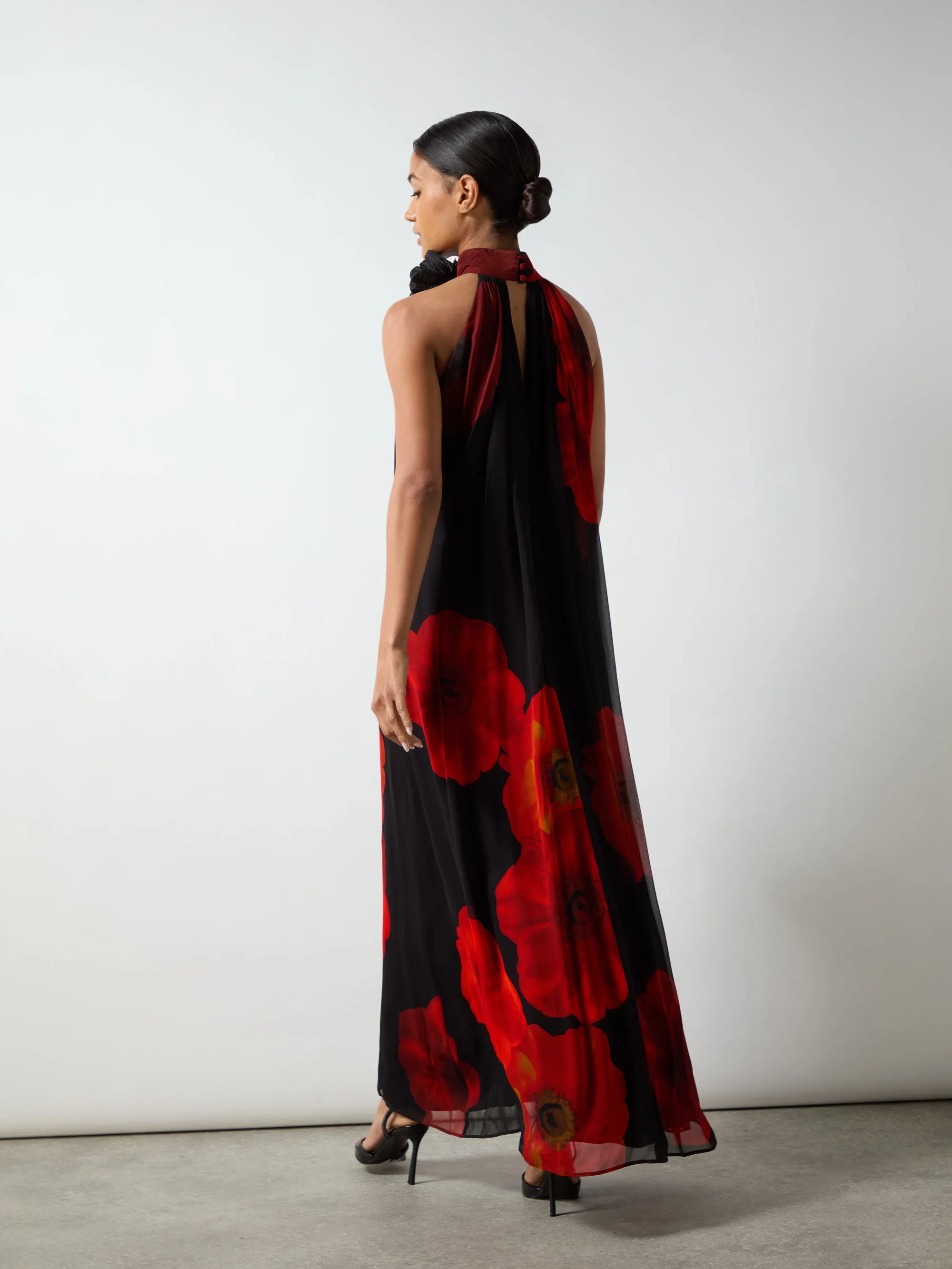 Isabella Red Floral Print Corsage Trim Maxi Dress