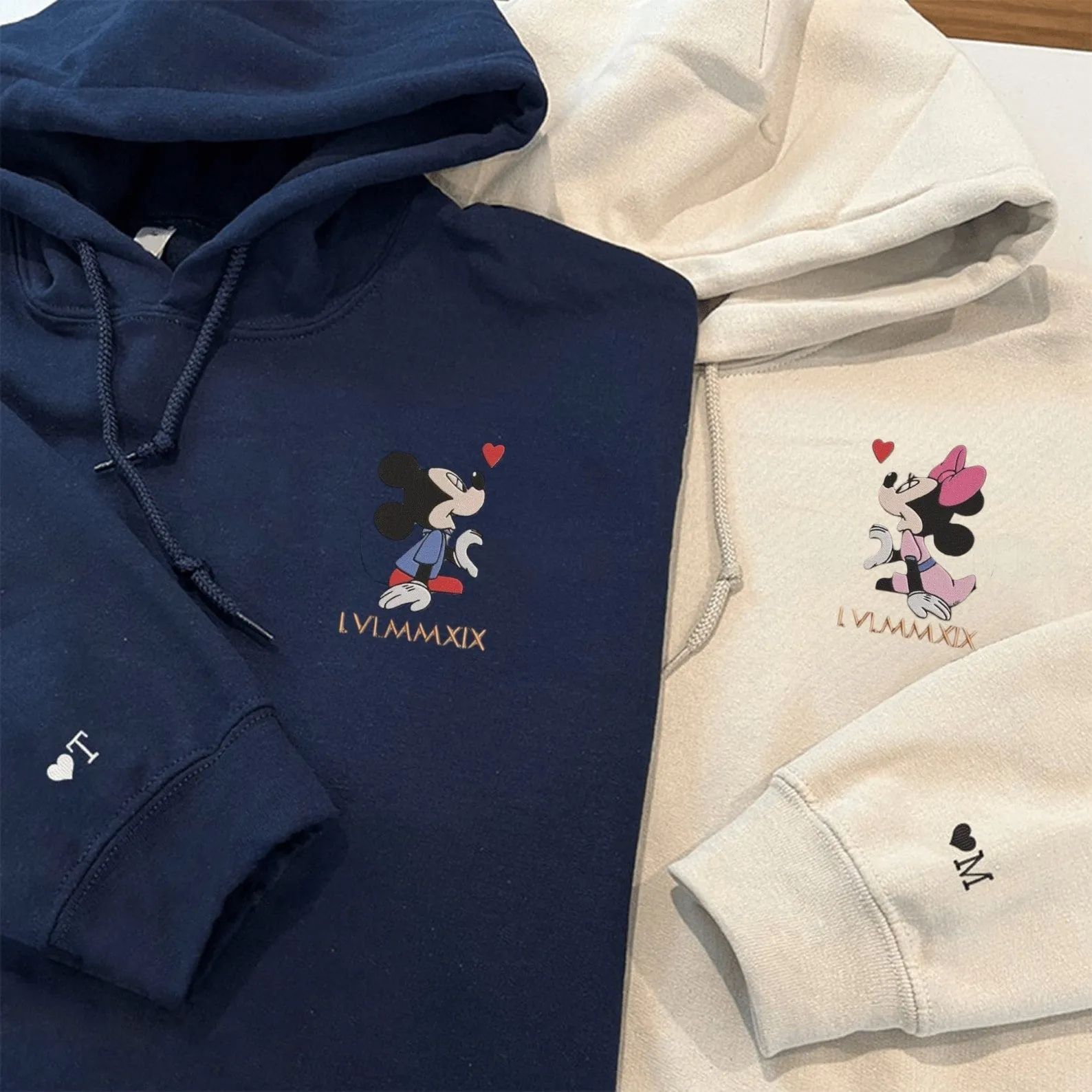 Matching Couple Hoodies - Cartoon Mouse Roman Numeral Date Couple Custom Embroidered Sweatshirts For Couples