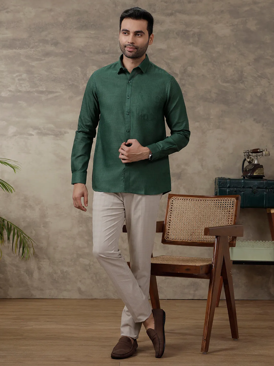 Men Cotton Blend Full Sleeves Shirt Dark Green T26 TB9