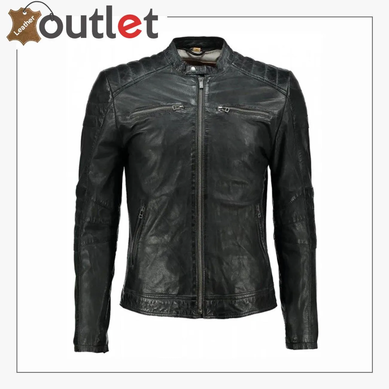 Men's Black Washed Waxy Sheepskin Padded Shoulder Fashion Leather Jacket