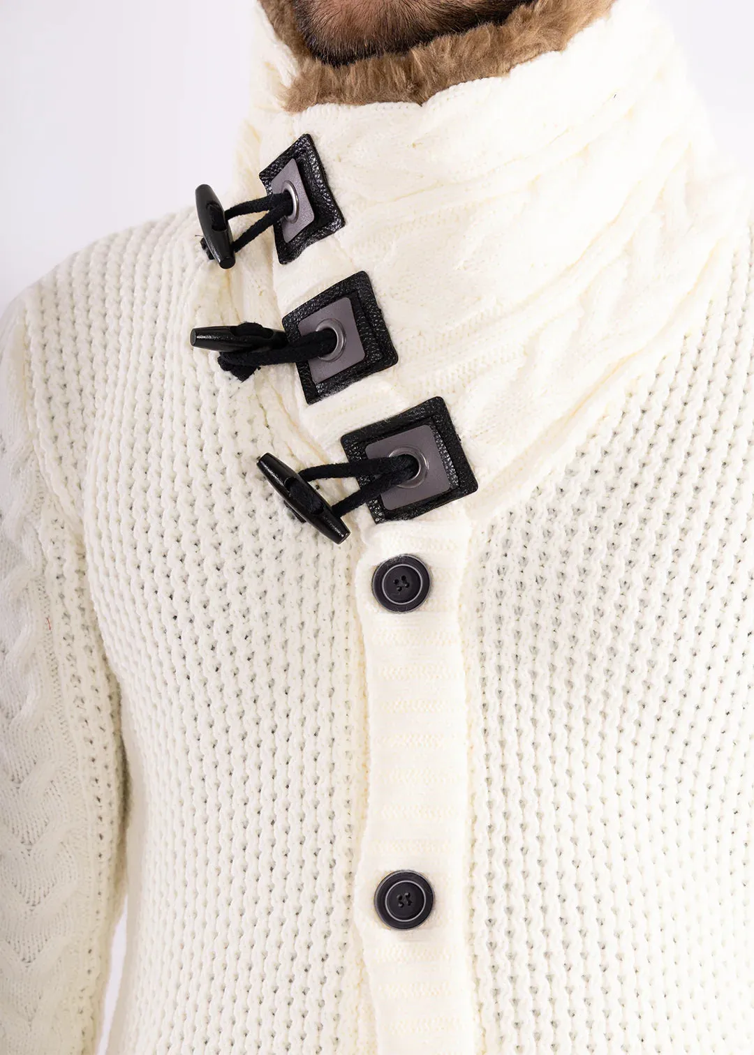 Men's White Sweaters with Fur Turtleneck Jacket Winter Cardigan