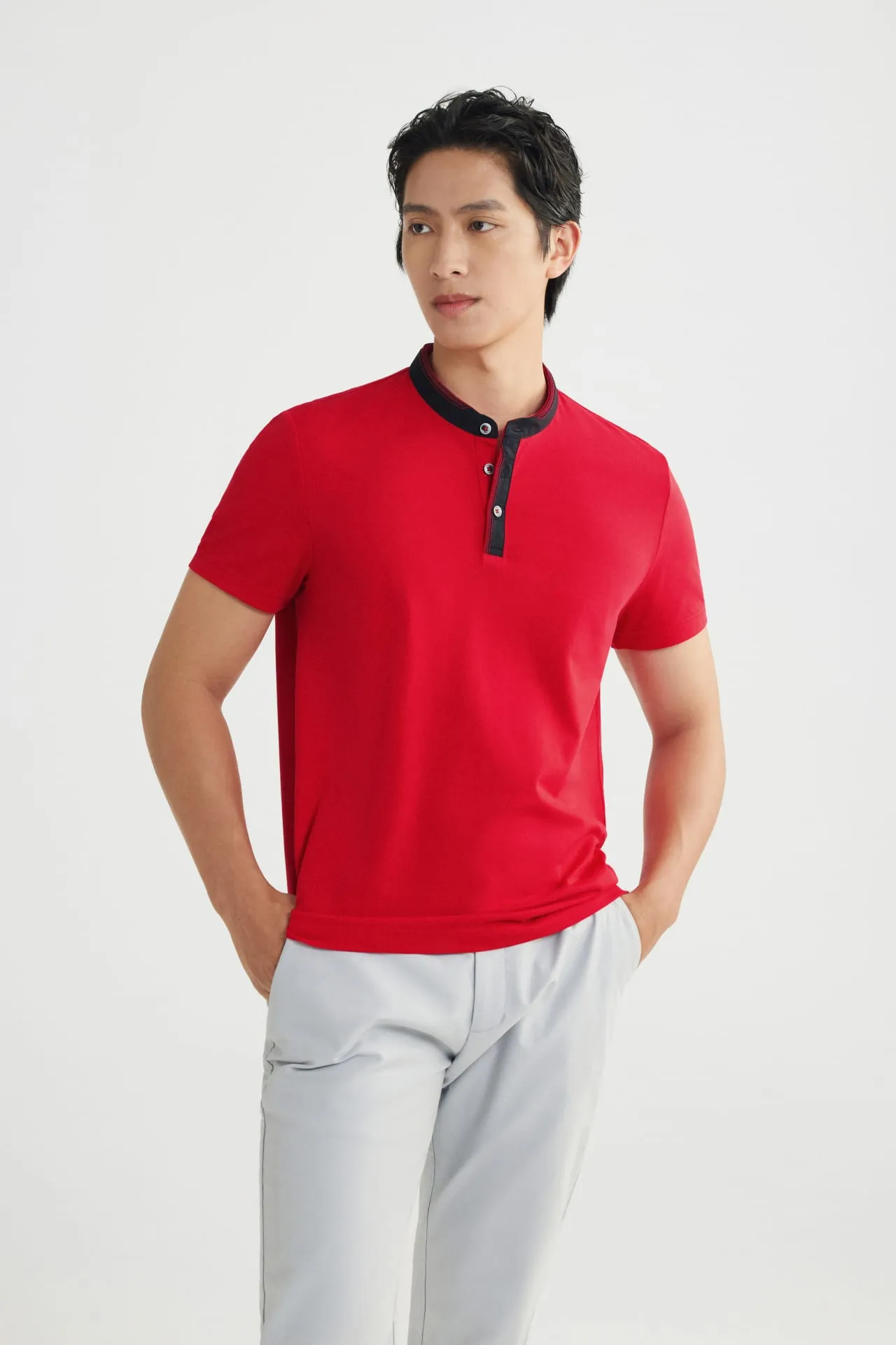 Non-Iron Pure Cotton Stand Collar Polo with Dragon Embroidery on Sleeve