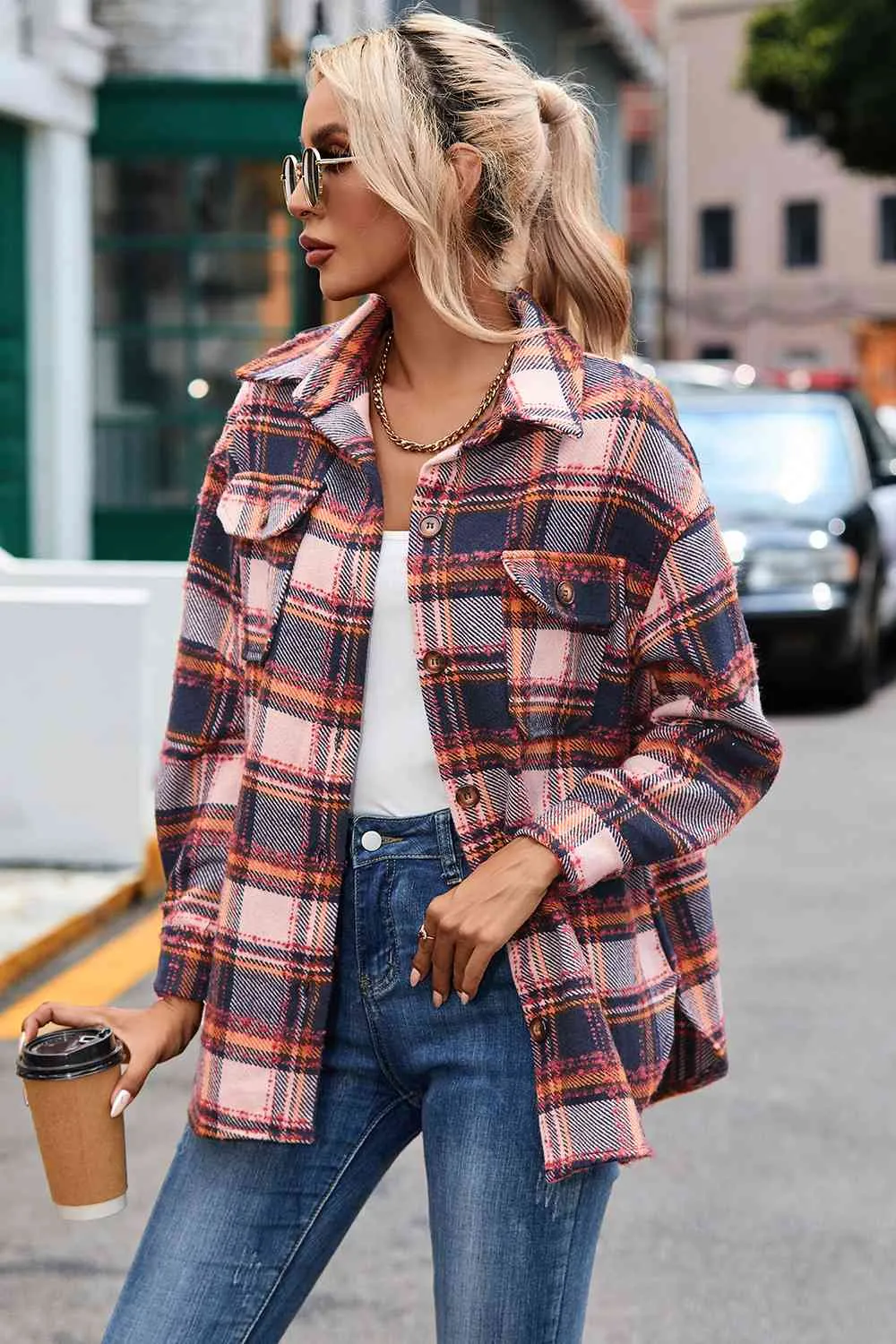 Plaid Dropped Shoulder Shirt Jacket