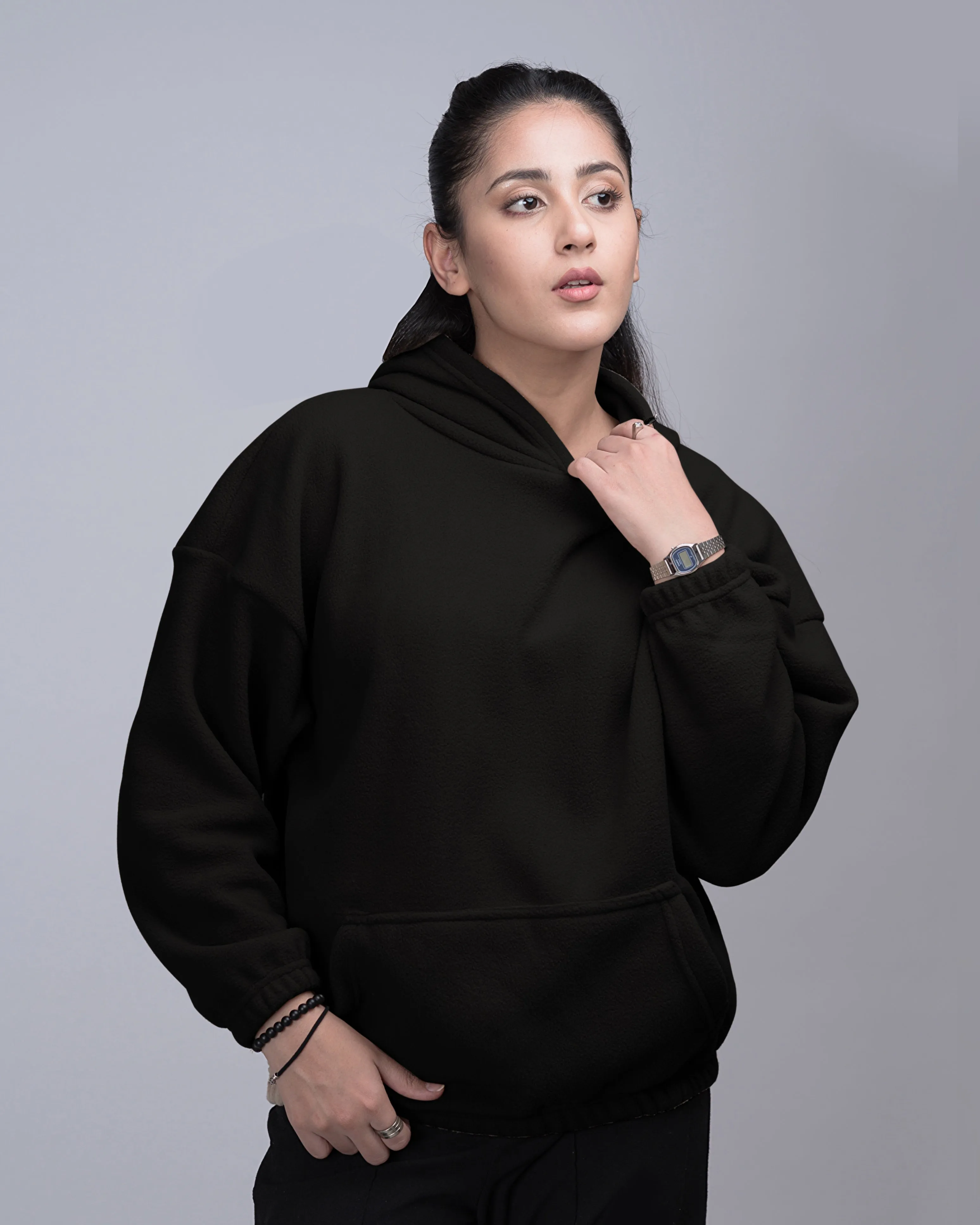 Polar Fleece Drop Shoulder Oversized Hood Black