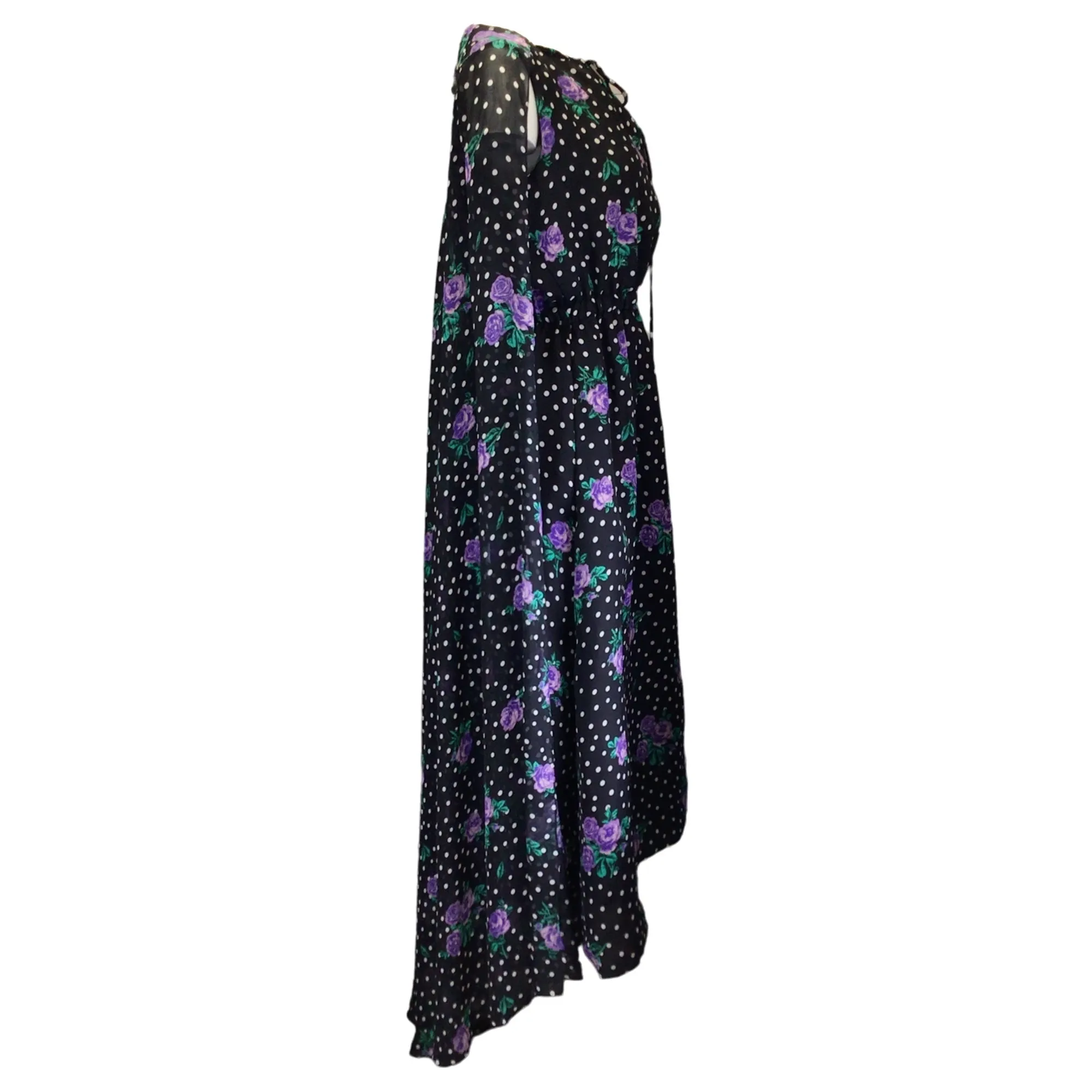 Richard Quinn Black Multi Floral Polka Dot Print Cape Detail Silk Maxi Dress