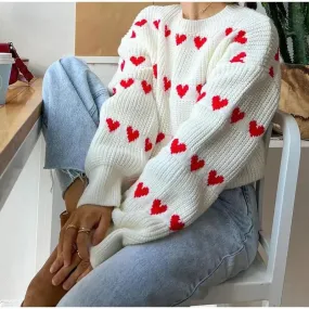 Round Neck Long Sleeved Heart-shaped Women Autumn Winter Knitwear Soft Warm Sweater