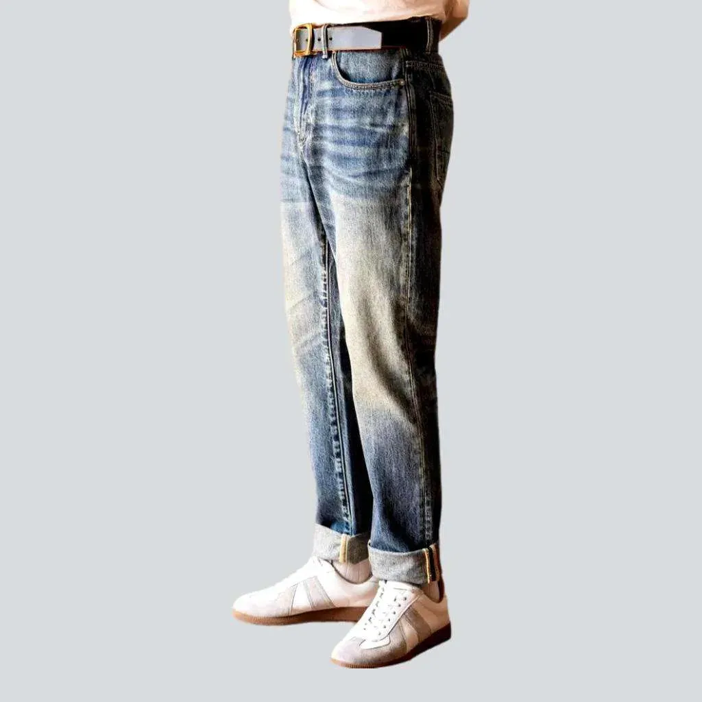 Sanded light wash selvedge jeans
 for men