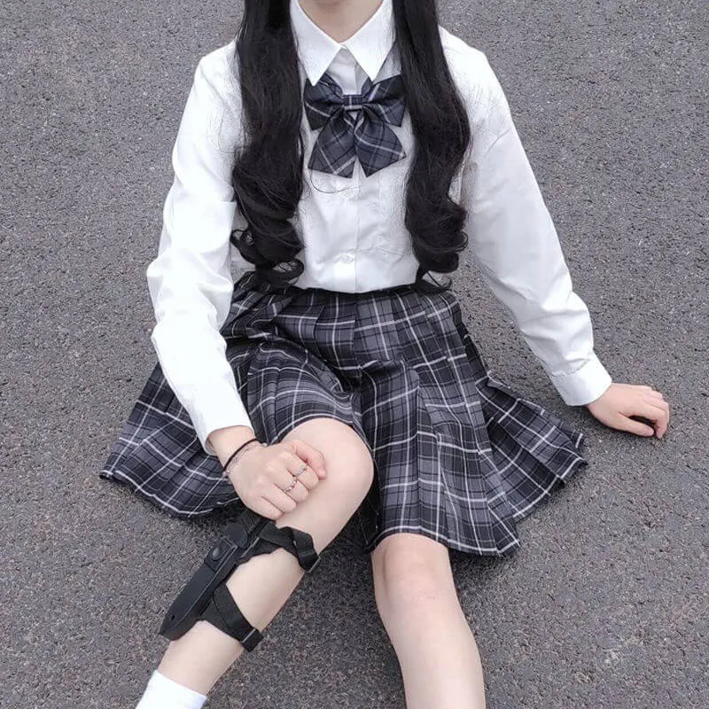 [Skirt / Bow] JK Black-Grey plaid uniform skirt