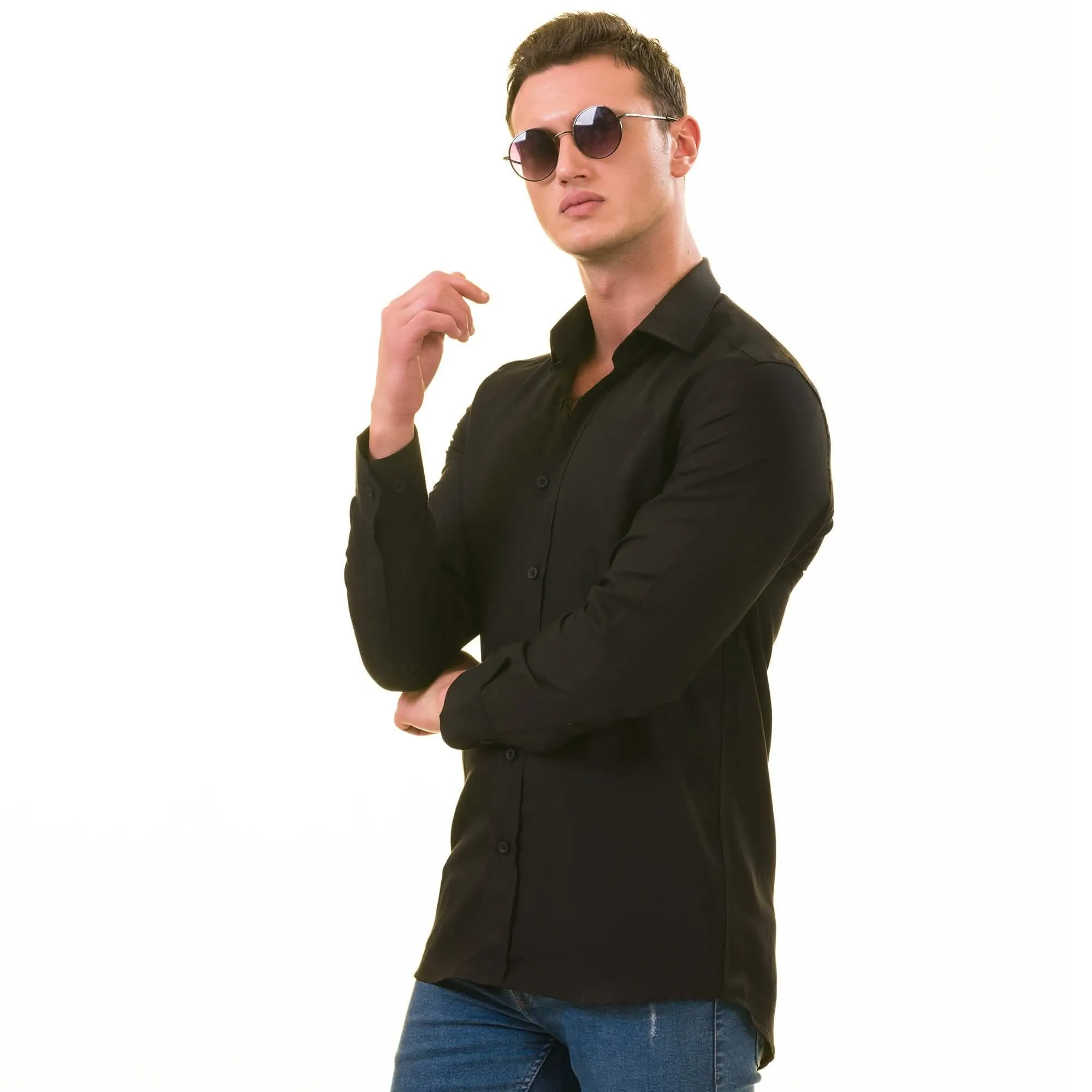 Sophisticated Black European Linen Button-Up Shirts for Men's Versatile Smart Casual Look