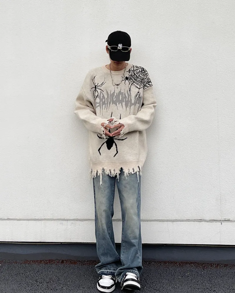 Streetwear Spider Knitted Fringe Crewneck Sweater