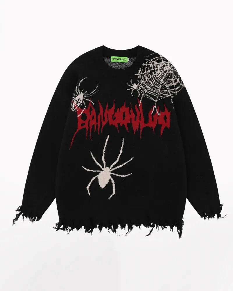 Streetwear Spider Knitted Fringe Crewneck Sweater