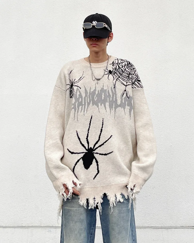 Streetwear Spider Knitted Fringe Crewneck Sweater