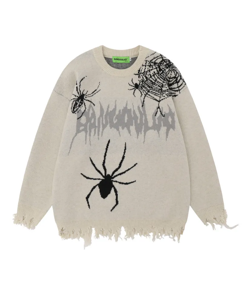 Streetwear Spider Knitted Fringe Crewneck Sweater